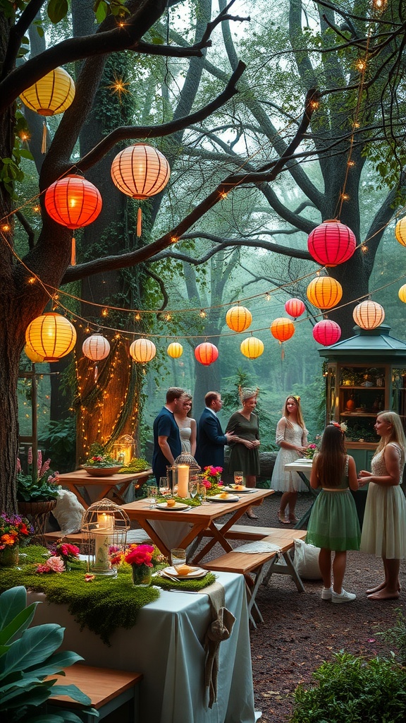 A whimsical party setup in an enchanted forest with colorful lanterns and beautifully arranged tables.