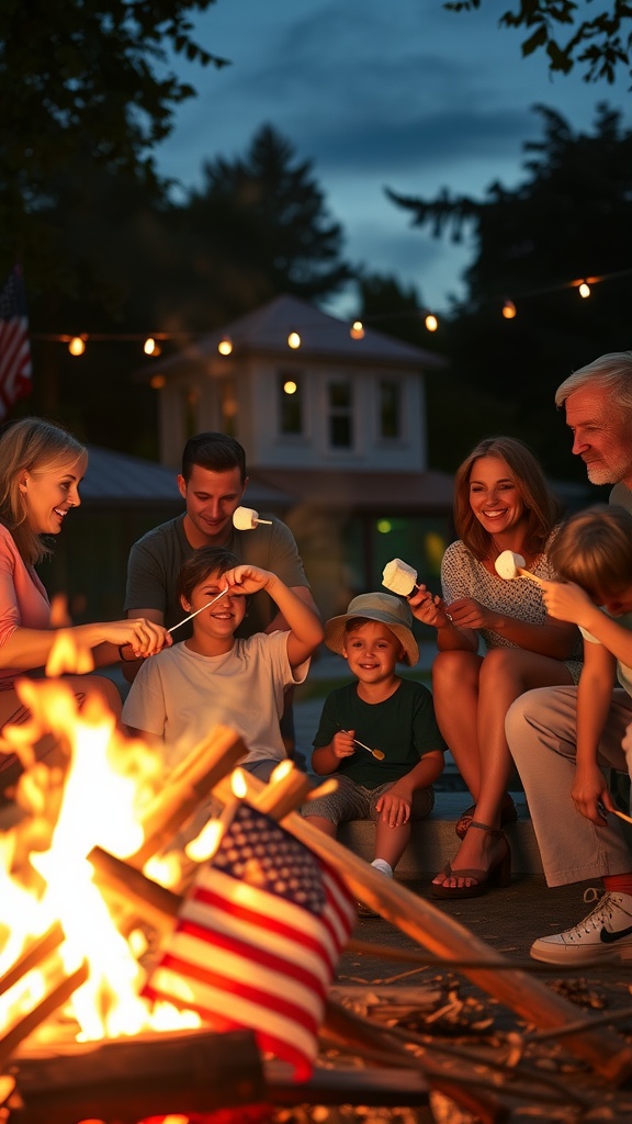 Family gathered around a fire making s'mores with American flags in the background.