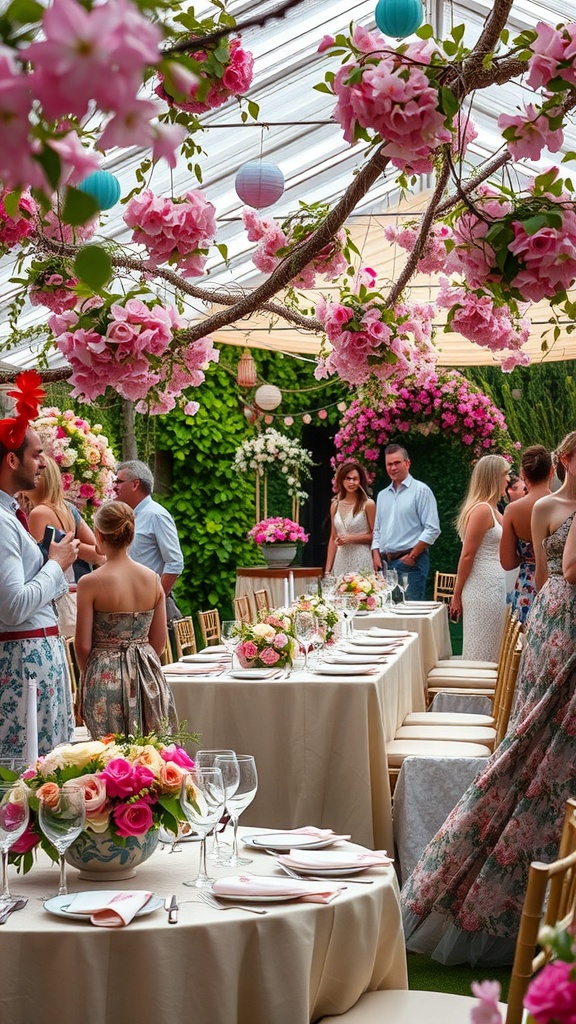 A beautifully decorated garden party with pink flowers, elegant tables, and guests enjoying the atmosphere.