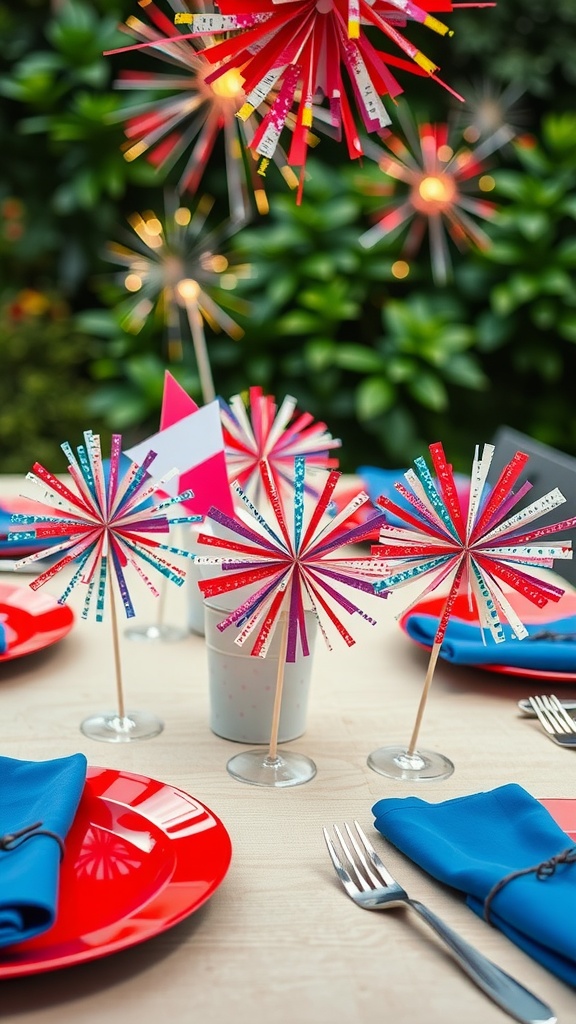 Colorful paper starburst decorations for a patriotic table centerpiece.