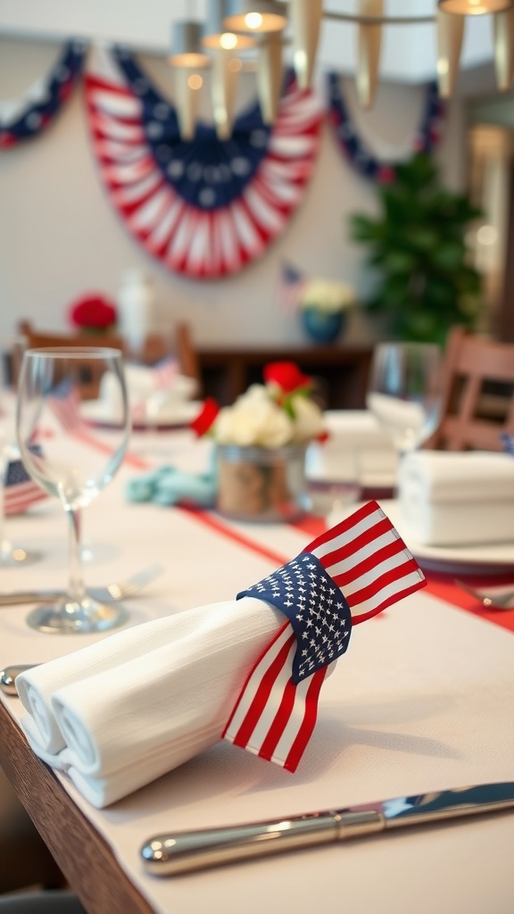 Decorative napkin rings featuring American flag design on a festive dining table.
