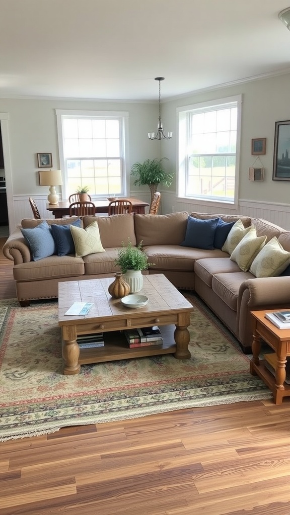 Cozy farmhouse living room with sectional sofa, wooden coffee table, and natural light from windows