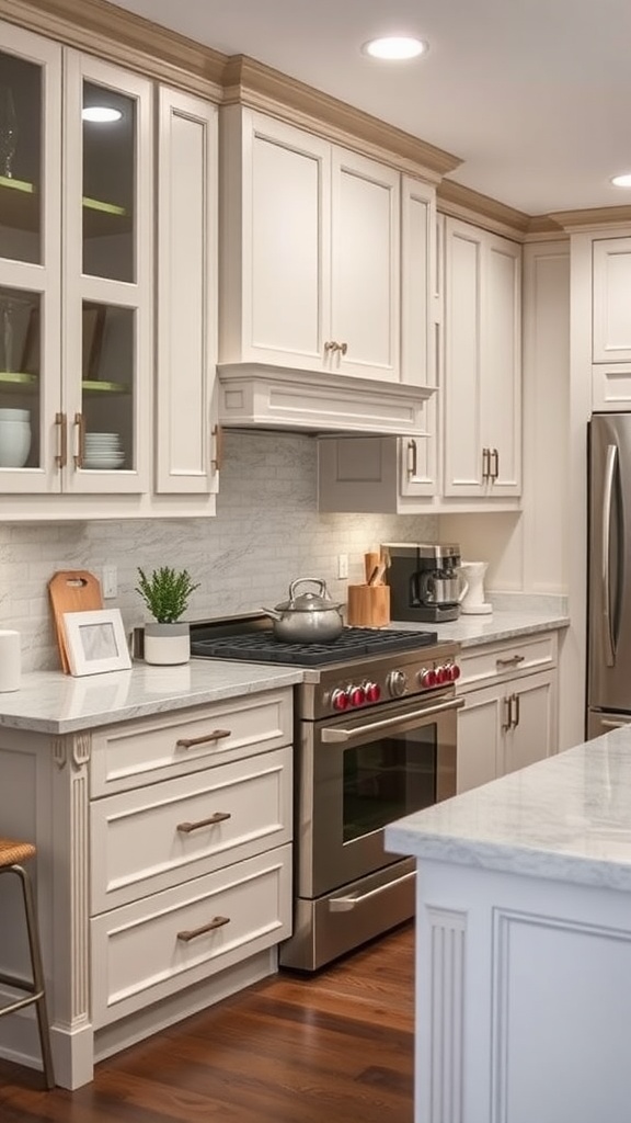 A modern kitchen featuring light cabinetry, marble countertops, and wooden floors, designed with functionality in mind.