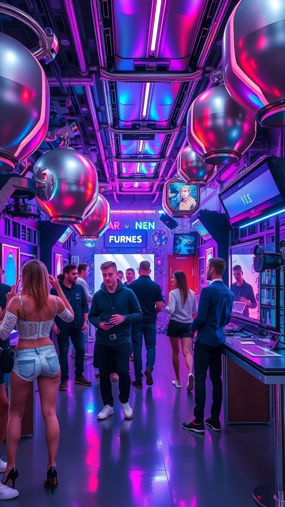 A futuristic party scene with vibrant pink and blue lighting, featuring shiny orbs and a modern design.