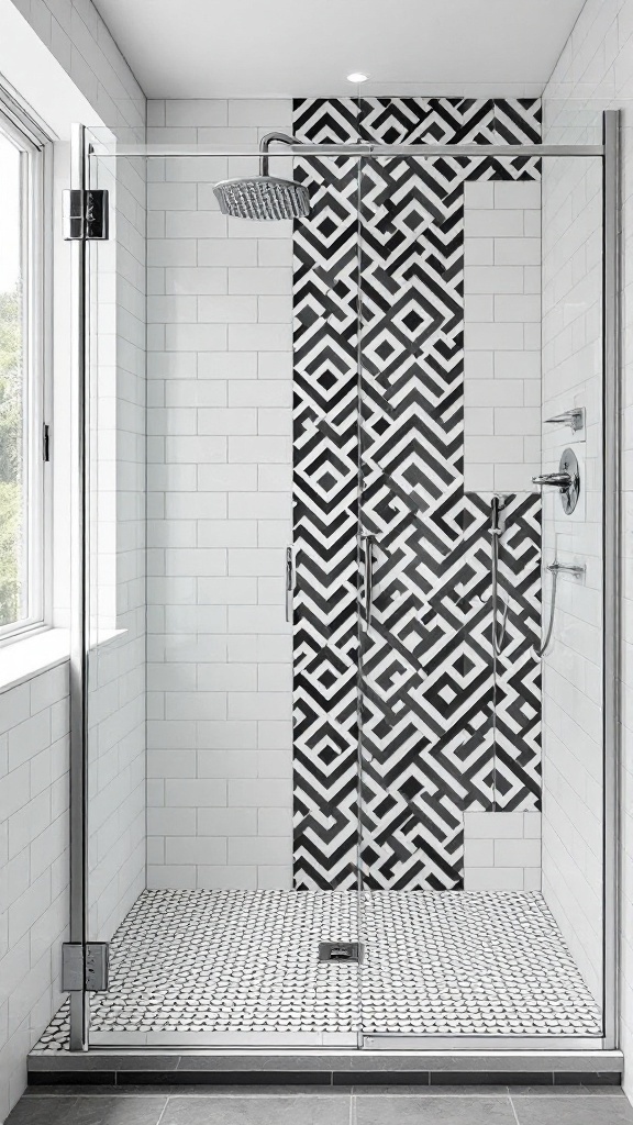 A modern walk-in shower featuring black and white geometric patterned tiles on the wall and floor.