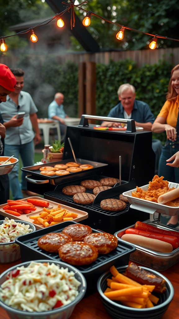 A BBQ party setup with grilled meats, sides, and friends enjoying the outdoors.