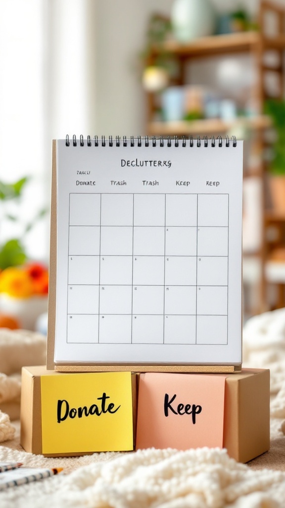 A calendar for the 30-Day Declutter Challenge with sections for Donate, Trash, and Keep.