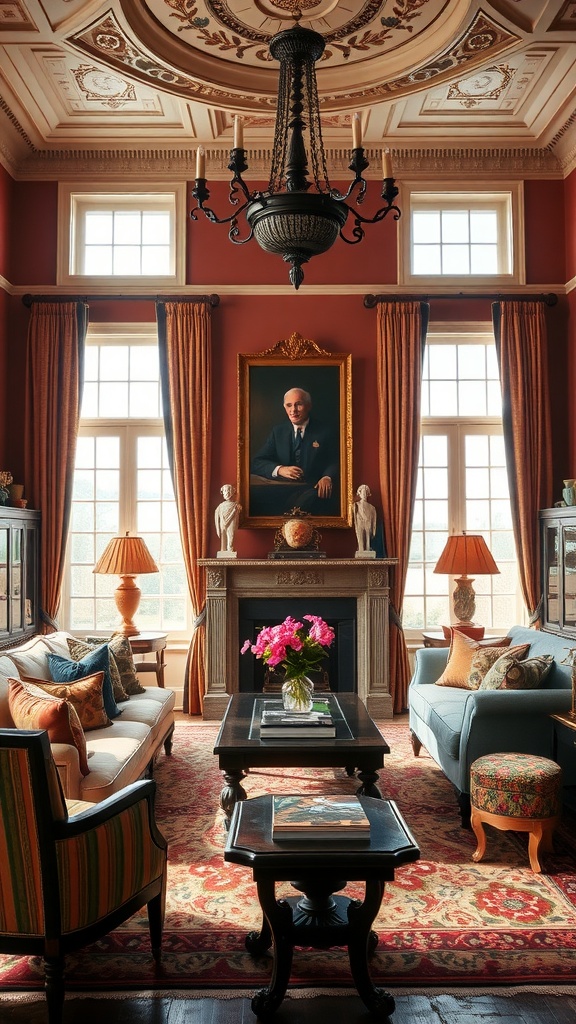 Elegant living room in Ralph Lauren Interior Design style featuring warm colors, ornate chandelier, and classic furnishings.