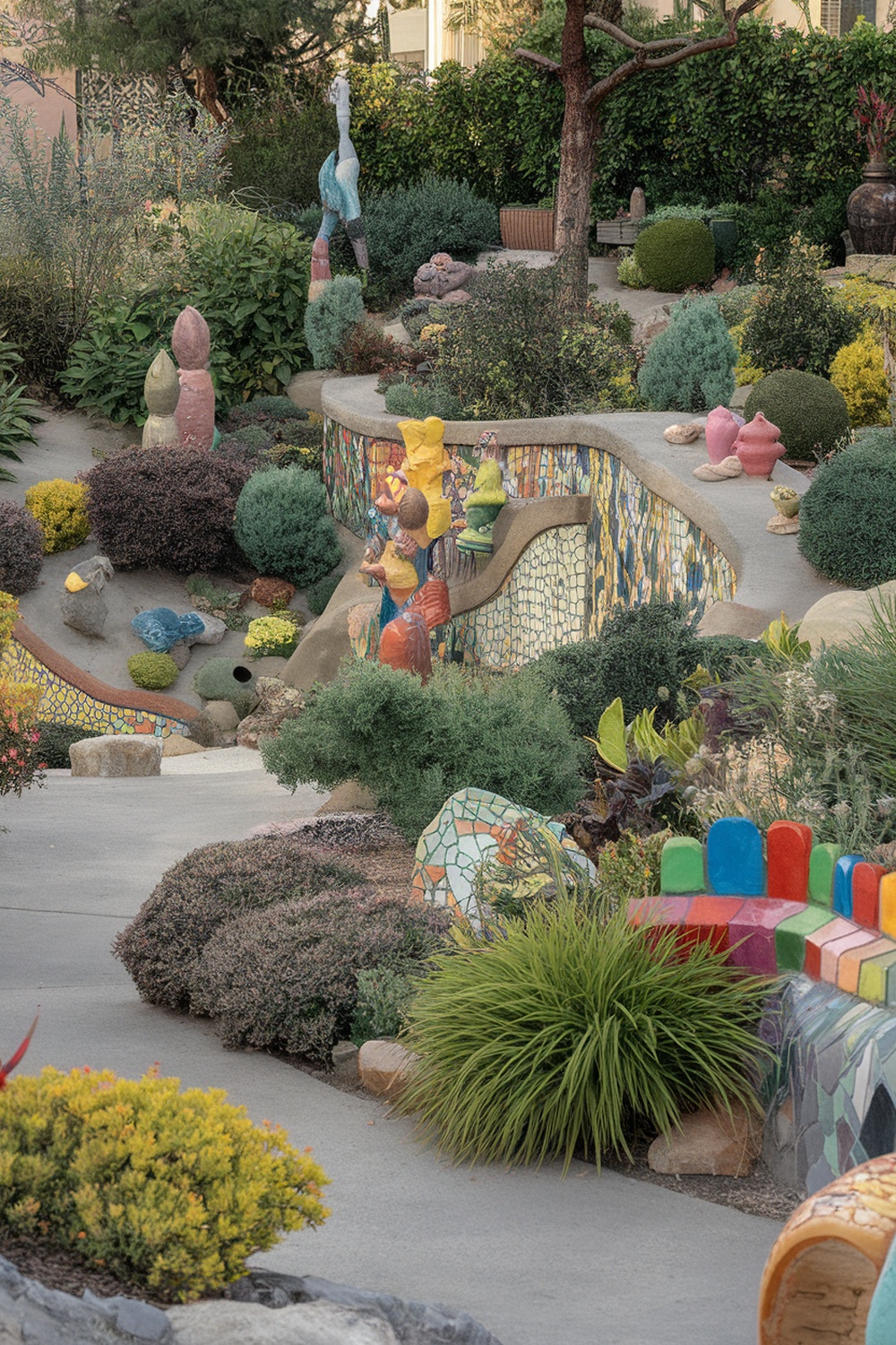 A colorful and artistic garden filled with sculptures and vibrant plants.