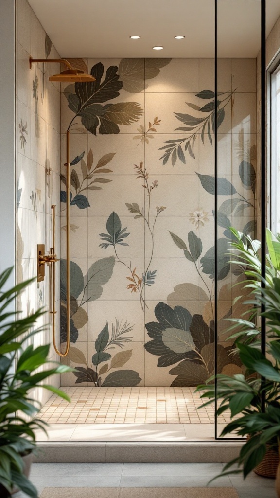 A modern walk-in shower with nature motif tiles featuring leaves and flowers, complemented by gold fixtures and plants.