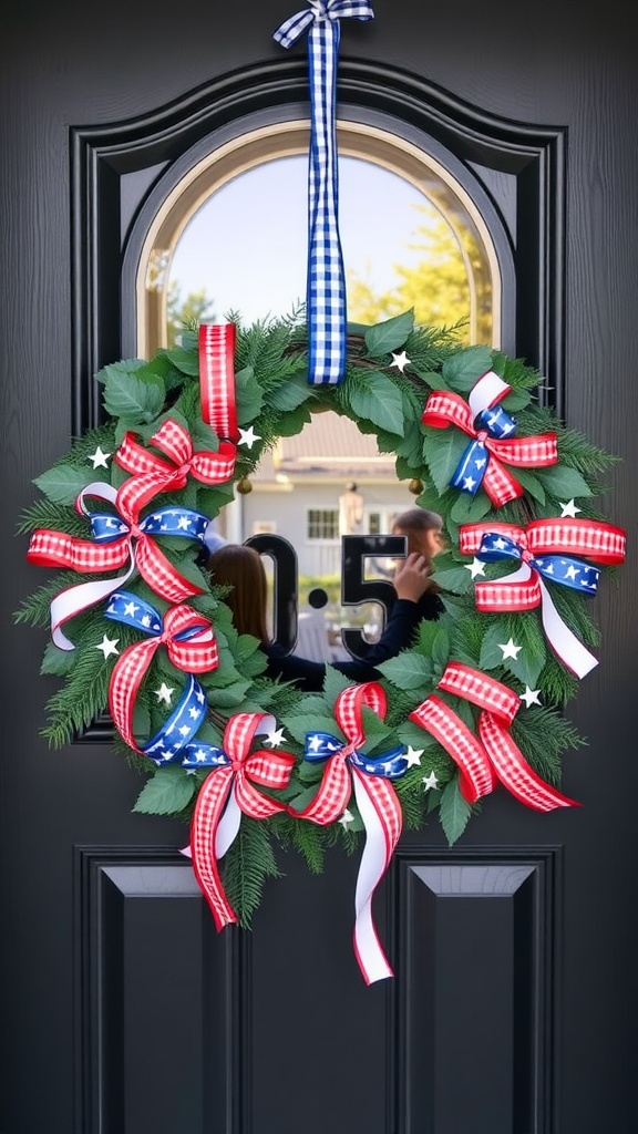 A patriotic wreath decorated with red, white, and blue ribbons and stars on a door.