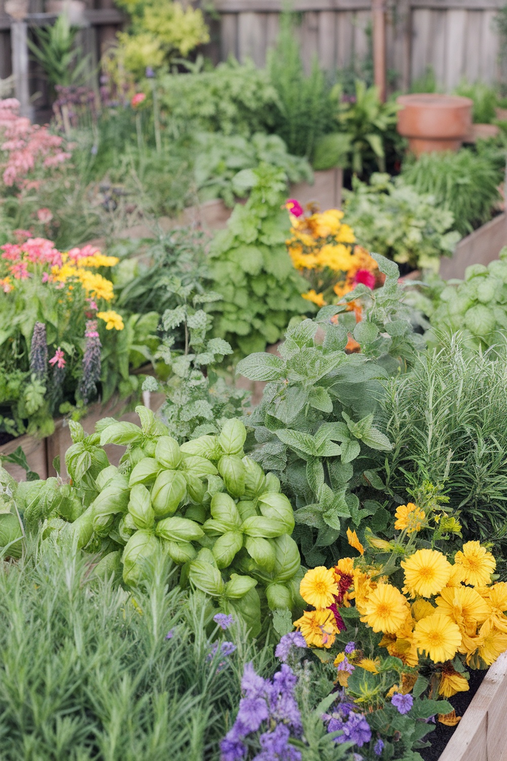 Vibrant herb garden with various herbs and colorful flowers in raised beds