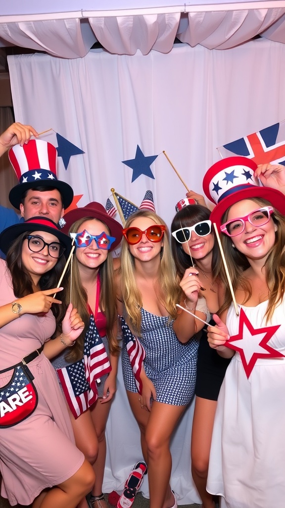 A group of friends enjoying an interactive photo booth with patriotic props for the 4th of July.