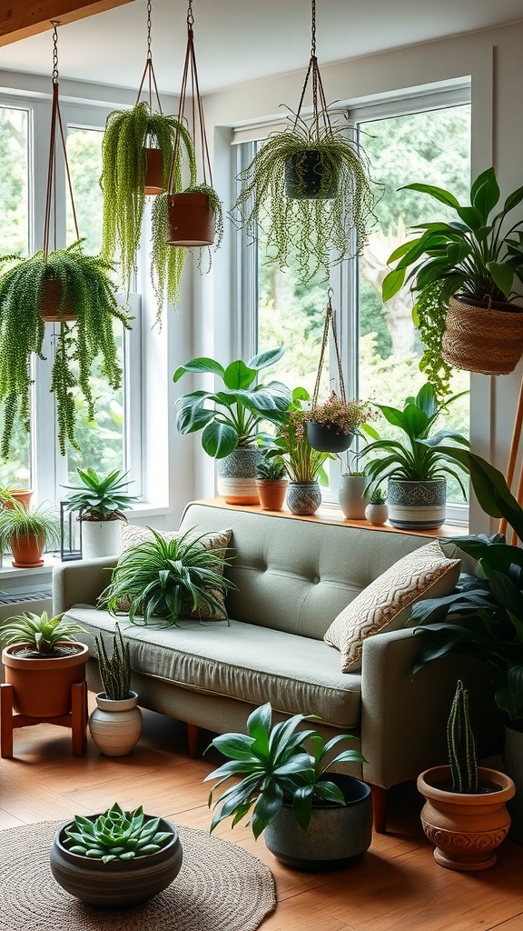 A cozy living space with hanging plants and potted greenery around a sofa
