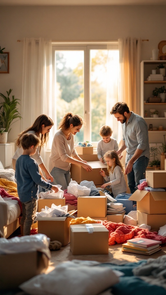 A family decluttering together in a bright room filled with boxes and clothes, showcasing teamwork and fun.