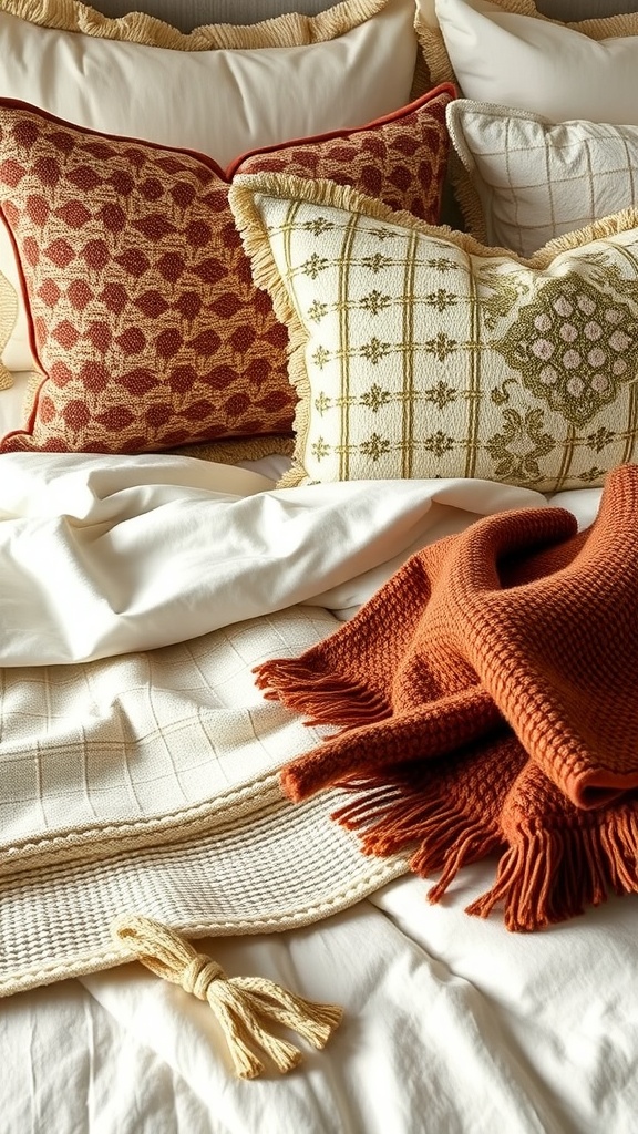 A close-up of layered cushions and throws on soft bedding, showcasing textures and colors.