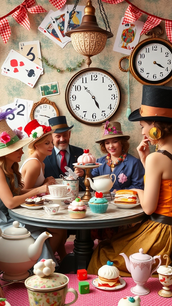 A colorful Mad Hatter tea party scene with whimsical decorations, vintage teacups, and playful treats.
