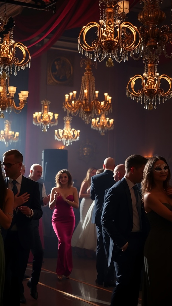 Elegant masquerade ball with guests in formal attire and masks, surrounded by ornate chandeliers and warm lighting.