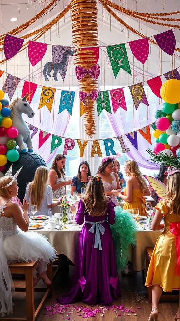 A whimsical party scene featuring colorful decorations, a unicorn figure, and guests in fantasy-themed outfits.