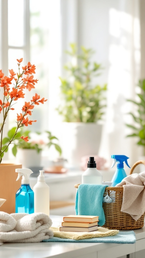 A bright, clean space with cleaning supplies, towels, and decorative plants.
