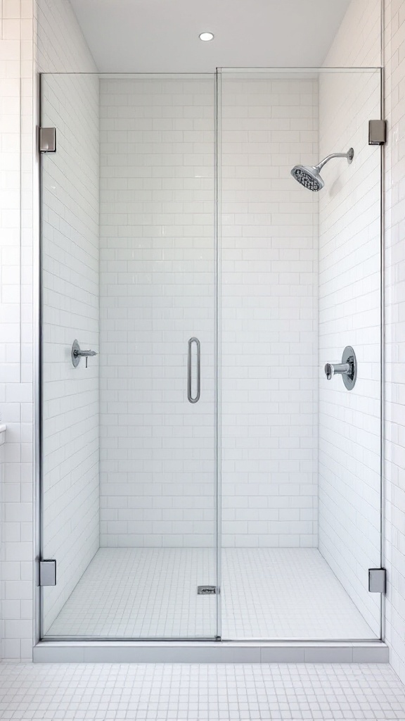 A modern walk-in shower with minimalist white tiles and a frameless glass door.