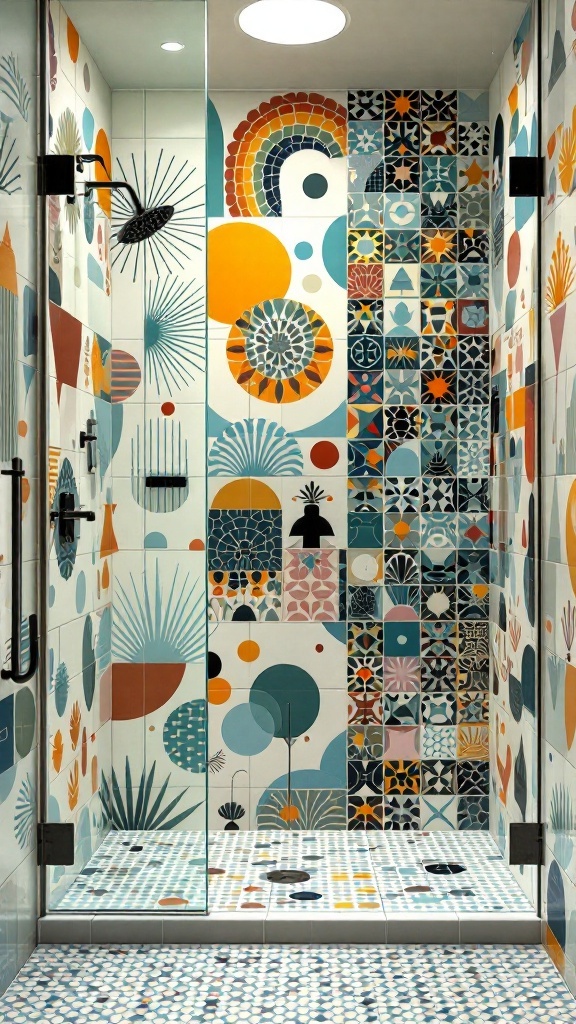 A vibrant walk-in shower featuring a variety of colorful patterned tiles including geometric shapes and floral designs.