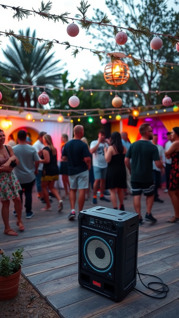 A lively outdoor party scene with people dancing, string lights, and a portable speaker.