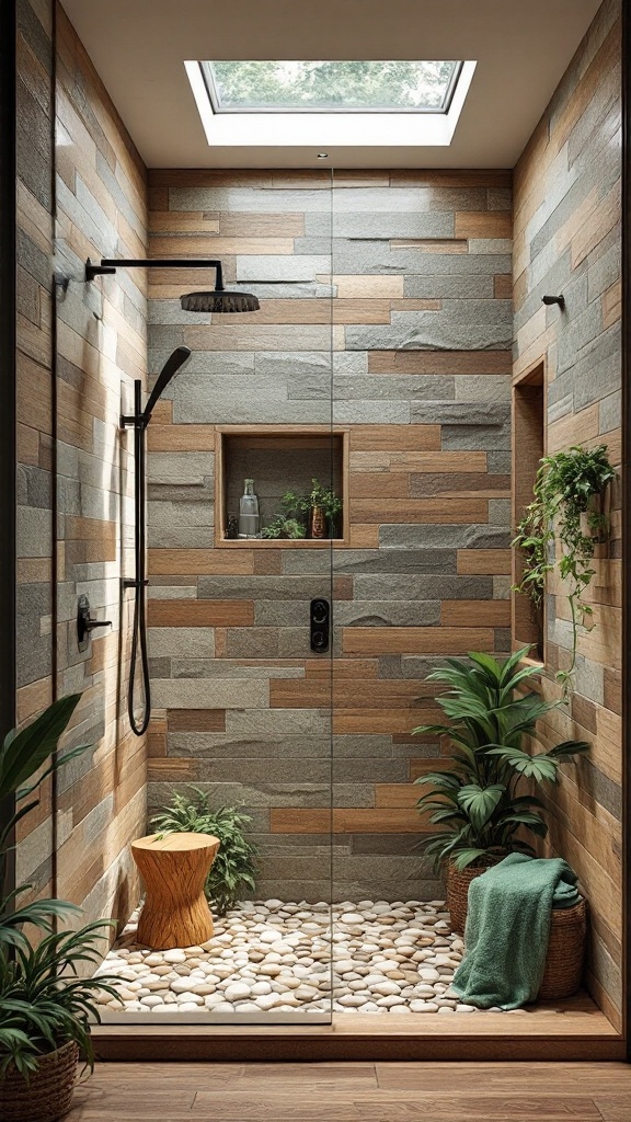 A walk-in shower with nature-inspired tiles, featuring a skylight, plants, and a pebble floor.