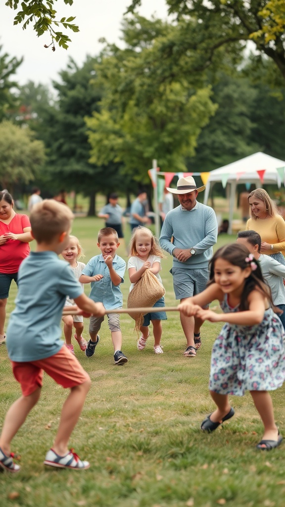 Kids and adults playing outdoor games at a festive gathering.