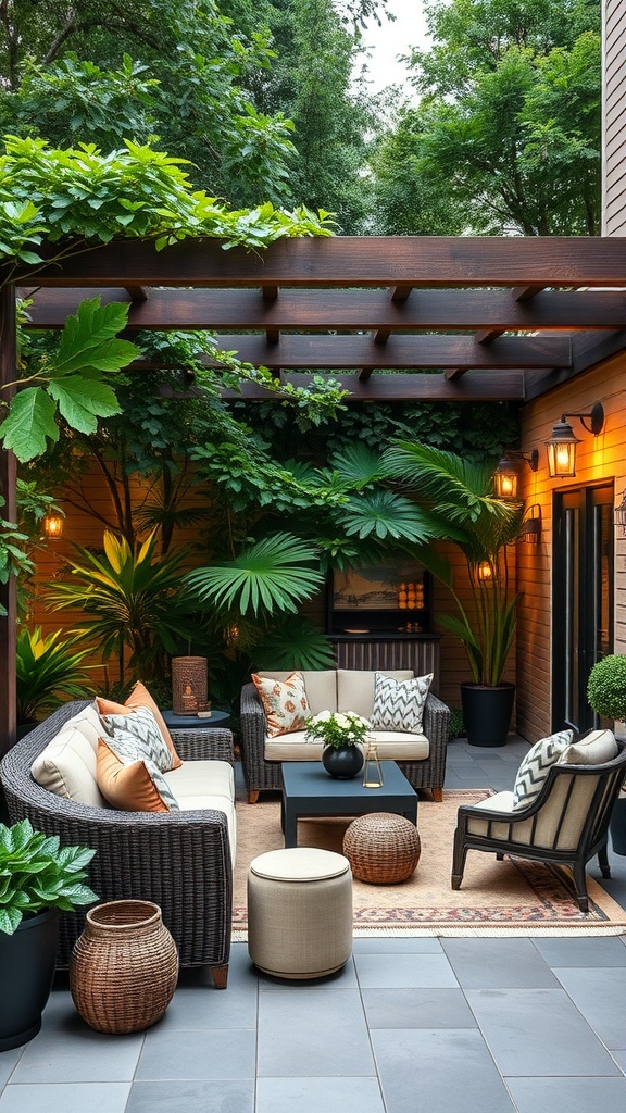 Stylish outdoor seating area with lush greenery and warm lighting.