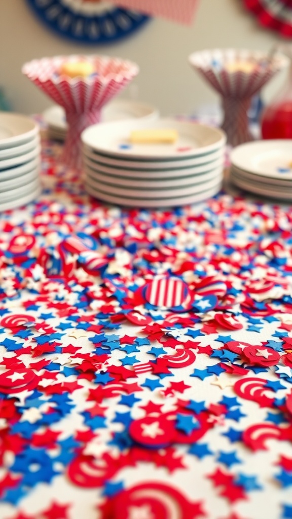 Colorful red, white, and blue confetti scattered on a table with plates and festive decor.
