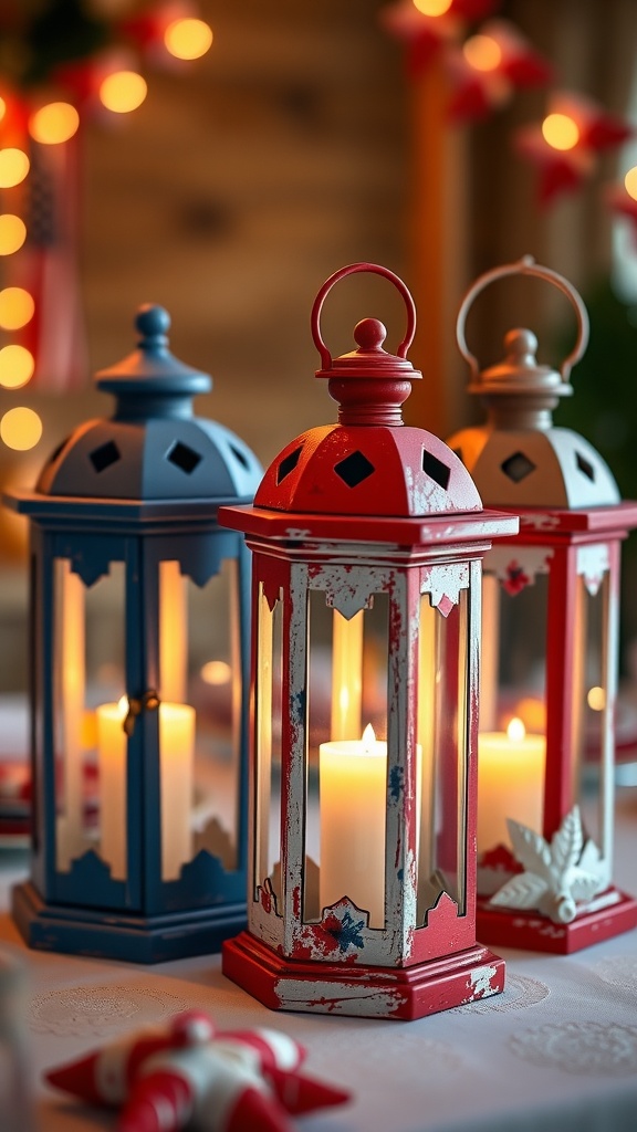 Three patriotic lanterns in red, white, and blue with candles inside, set on a table.