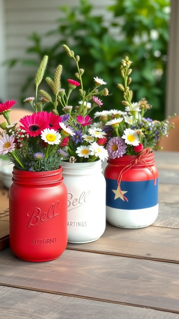 Three painted mason jars in red, white, and blue filled with flowers on a wooden table.