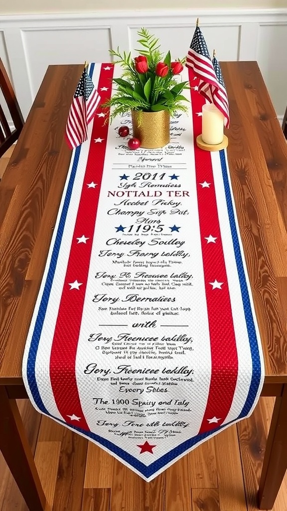 A patriotic table runner with red, white, and blue colors, featuring stars and text, placed on a wooden table with small flags, flowers, and a candle.