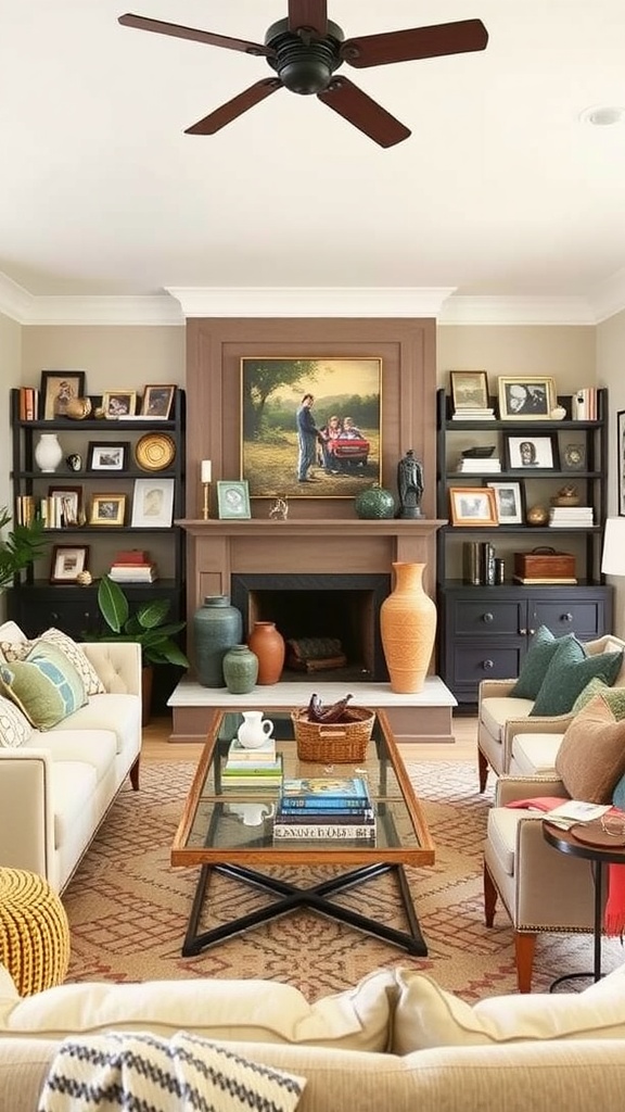 Cozy living room with neutral tones, colorful accents, and decorative elements reflecting personal style