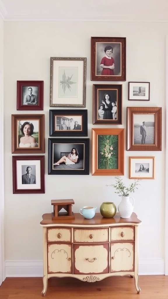 A stylish gallery wall featuring framed family photos and art above a vintage side table.