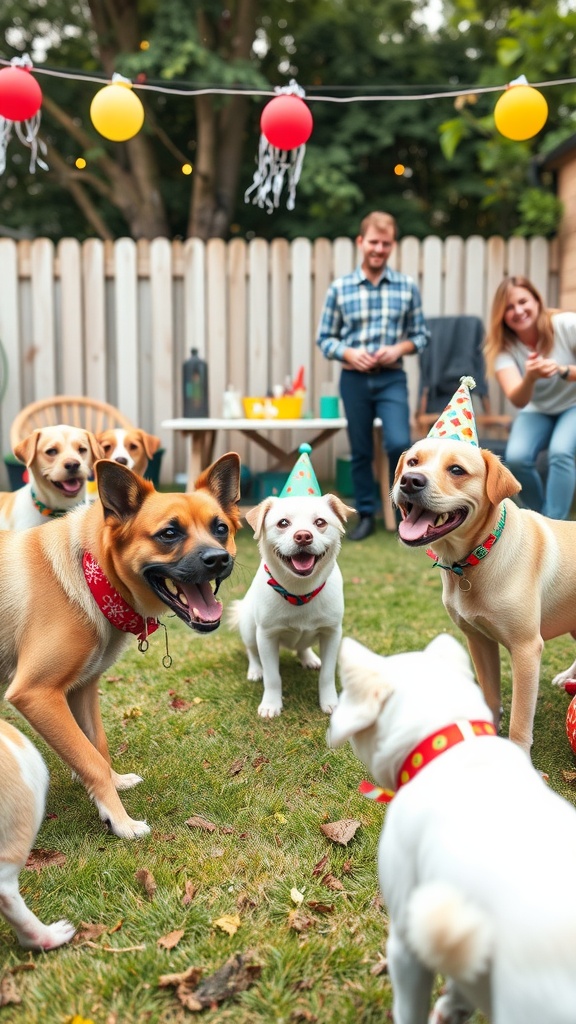 A joyful gathering of dogs at a party, wearing festive hats, with people enjoying the celebration in the background.