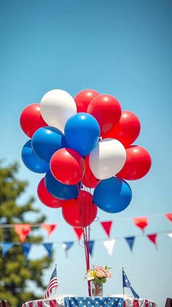 A bouquet of red, white, and blue balloons on a table with festive decorations