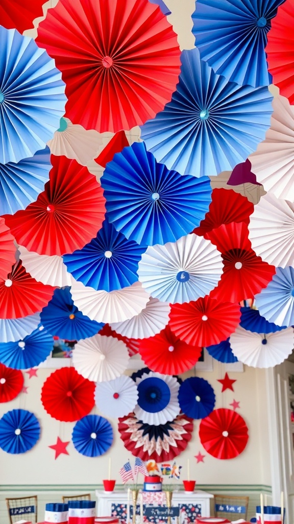 Colorful red, white, and blue paper fans hanging in the air for a festive celebration.