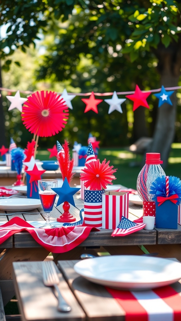 A festive 4th of July table decorated with red, white, and blue elements including star-shaped decorations and striped table runners.