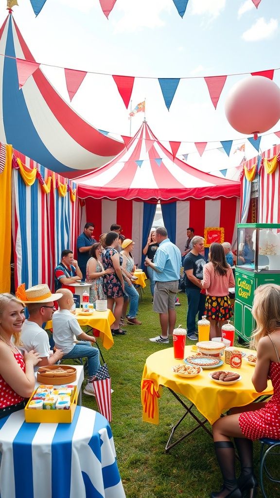 A colorful carnival scene with striped tents, guests enjoying snacks, and playful decorations.