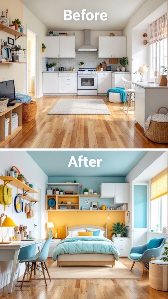 Before and After images showing a cluttered kitchen transformed into a tidy and organized bedroom.