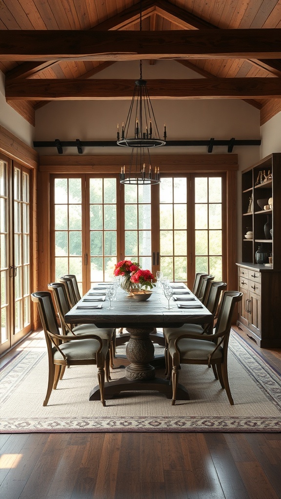A rustic dining room featuring a large wooden table, elegant chairs, and large windows with a view of nature.