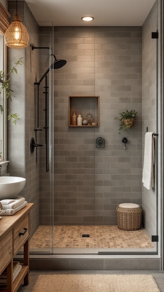 Rustic farmhouse walk-in shower with gray tiles and wooden accents
