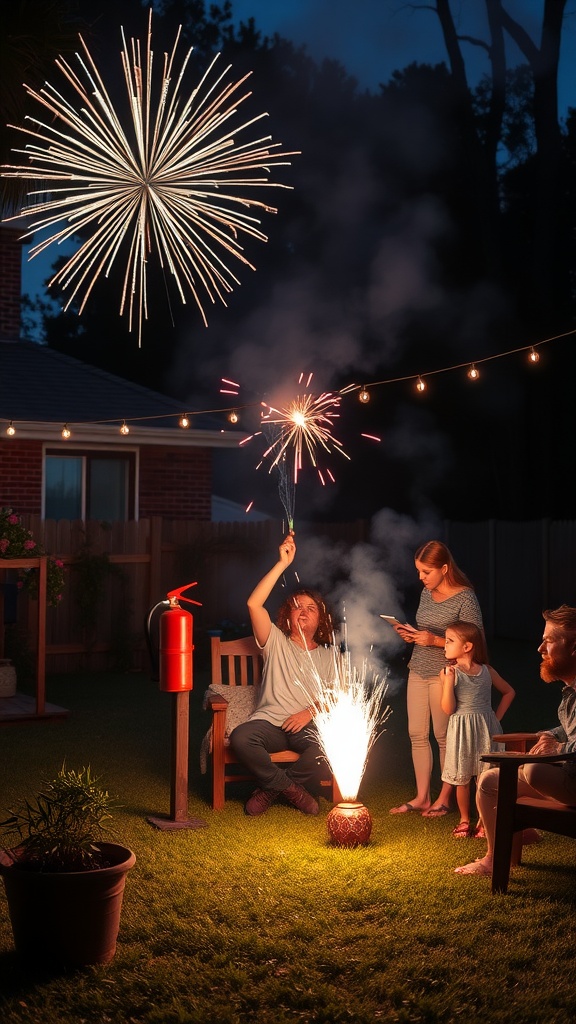 Family enjoying fireworks in a backyard setting on the 4th of July.
