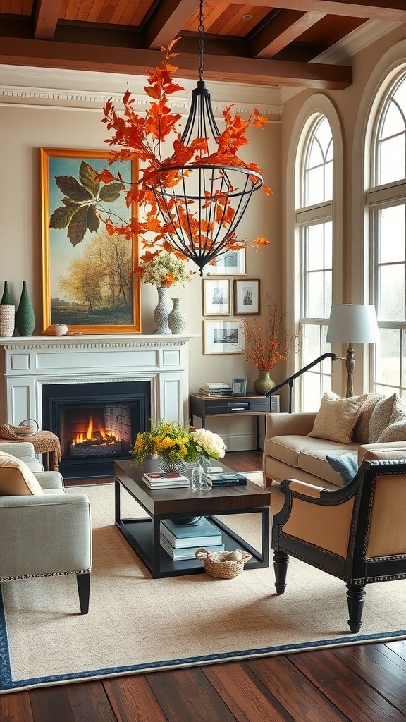 A cozy living room featuring seasonal decor with a chandelier adorned with orange leaves, a fireplace, and elegant furniture.