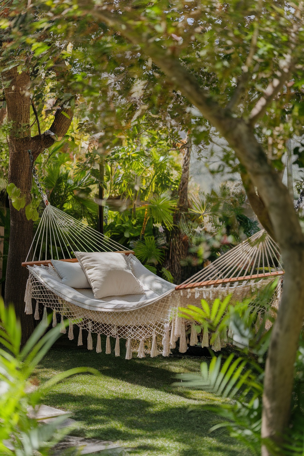 A cozy hammock strung between trees, surrounded by greenery and soft cushions.