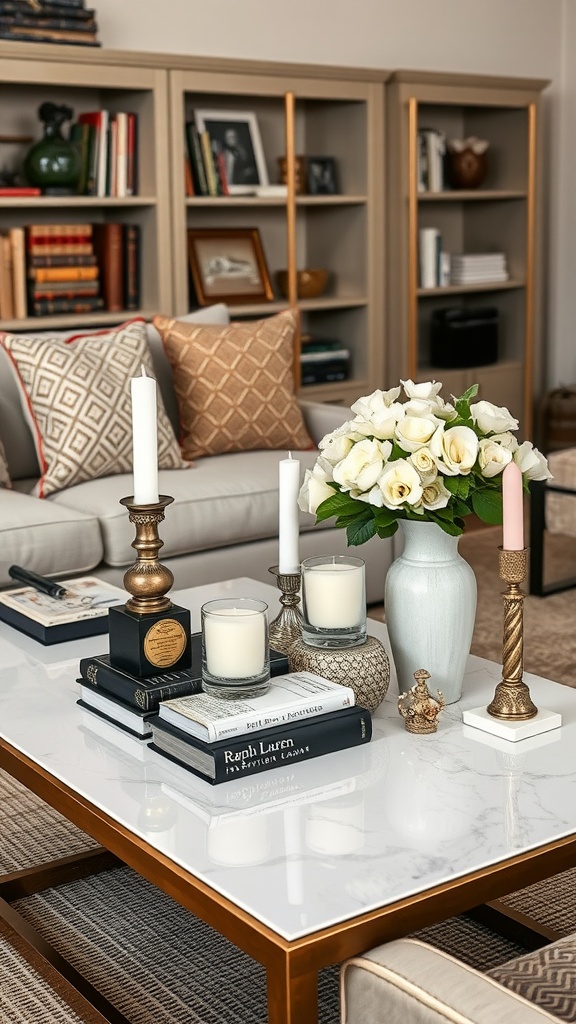 Elegant coffee table setup with flowers, candles, and books in a stylish living room.