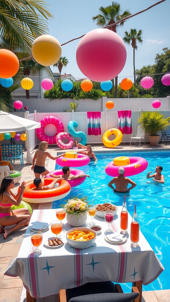 A vibrant pool party scene with colorful decorations, floaties, and people enjoying snacks and drinks.