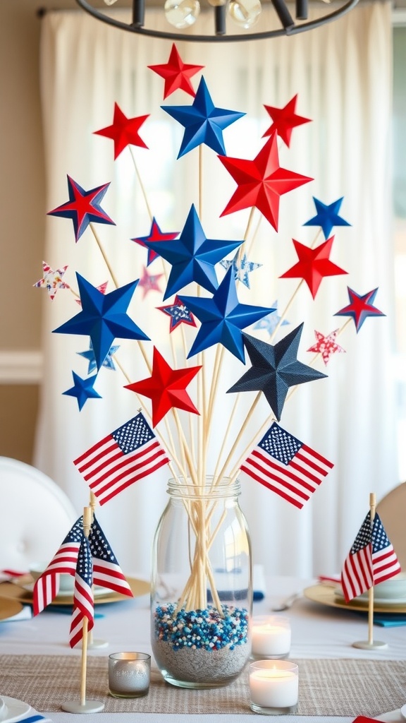 A decorative table centerpiece featuring red, blue, and white stars and small American flags.